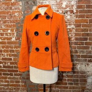 Orange Double Breasted Pea Coat Wool Blend Herringbone Jacket Fall Academia M 6